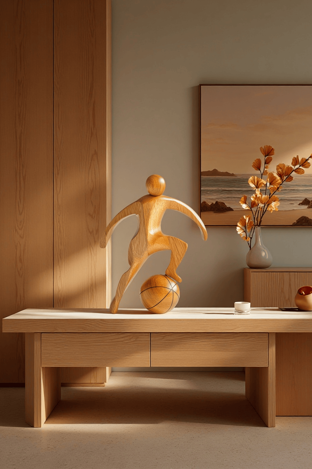 Wooden Basketball Sculpture Handmade Sports Figurine Home Office Decor