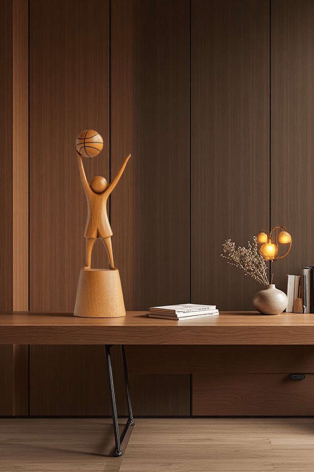 Wooden Basketball Sculpture Handmade Sports Figurine Home Office Decor