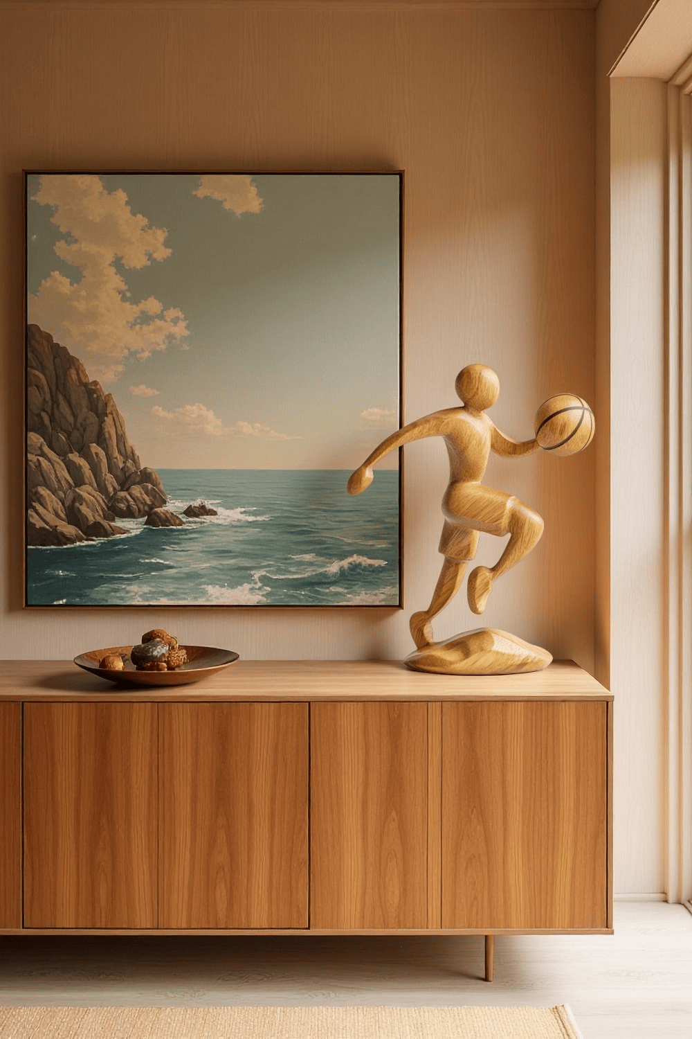 Wooden Basketball Sculpture Handmade Sports Figurine Home Office Decor