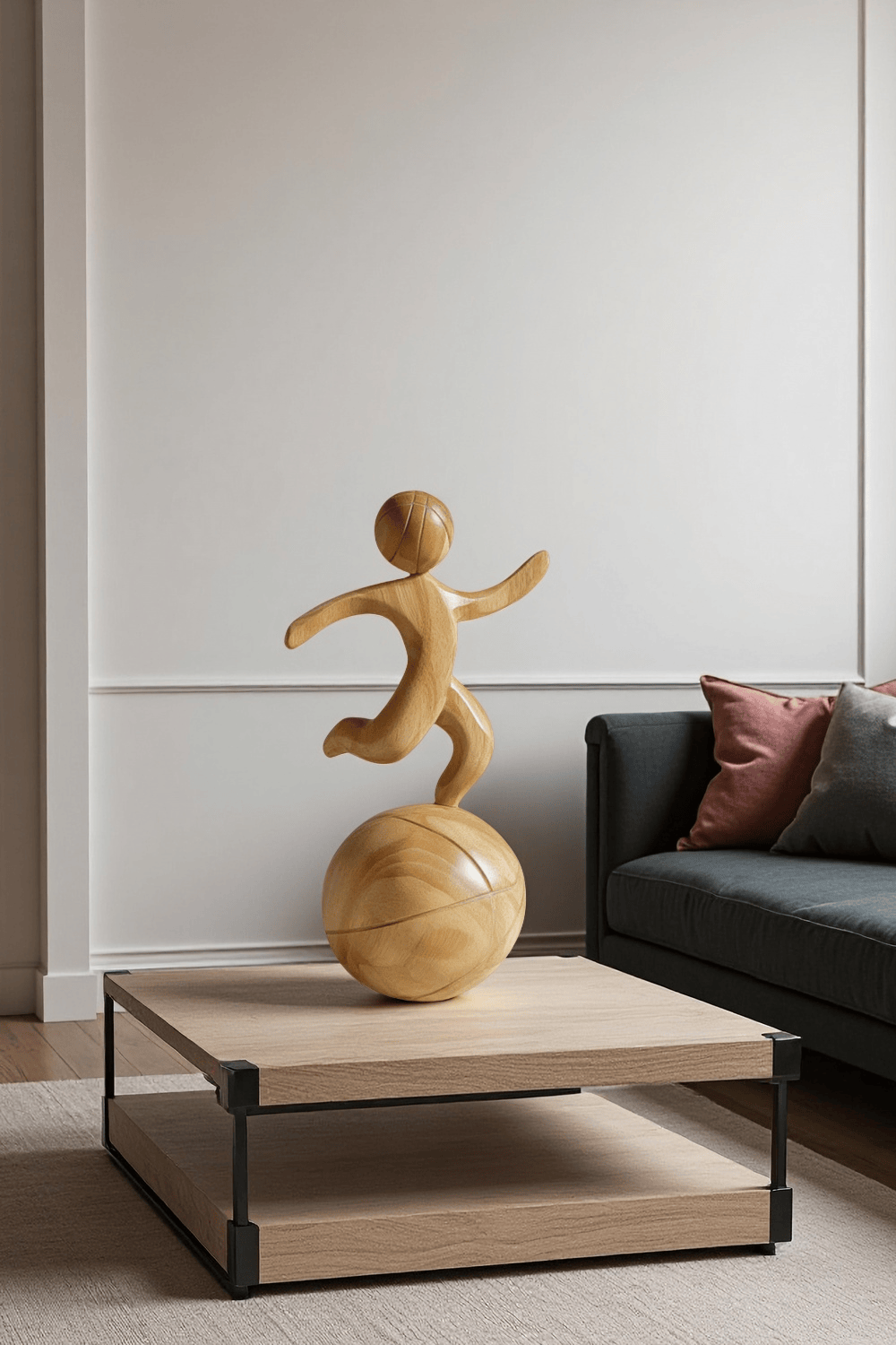 Wooden Basketball Sculpture Handmade Sports Figurine Home Office Decor