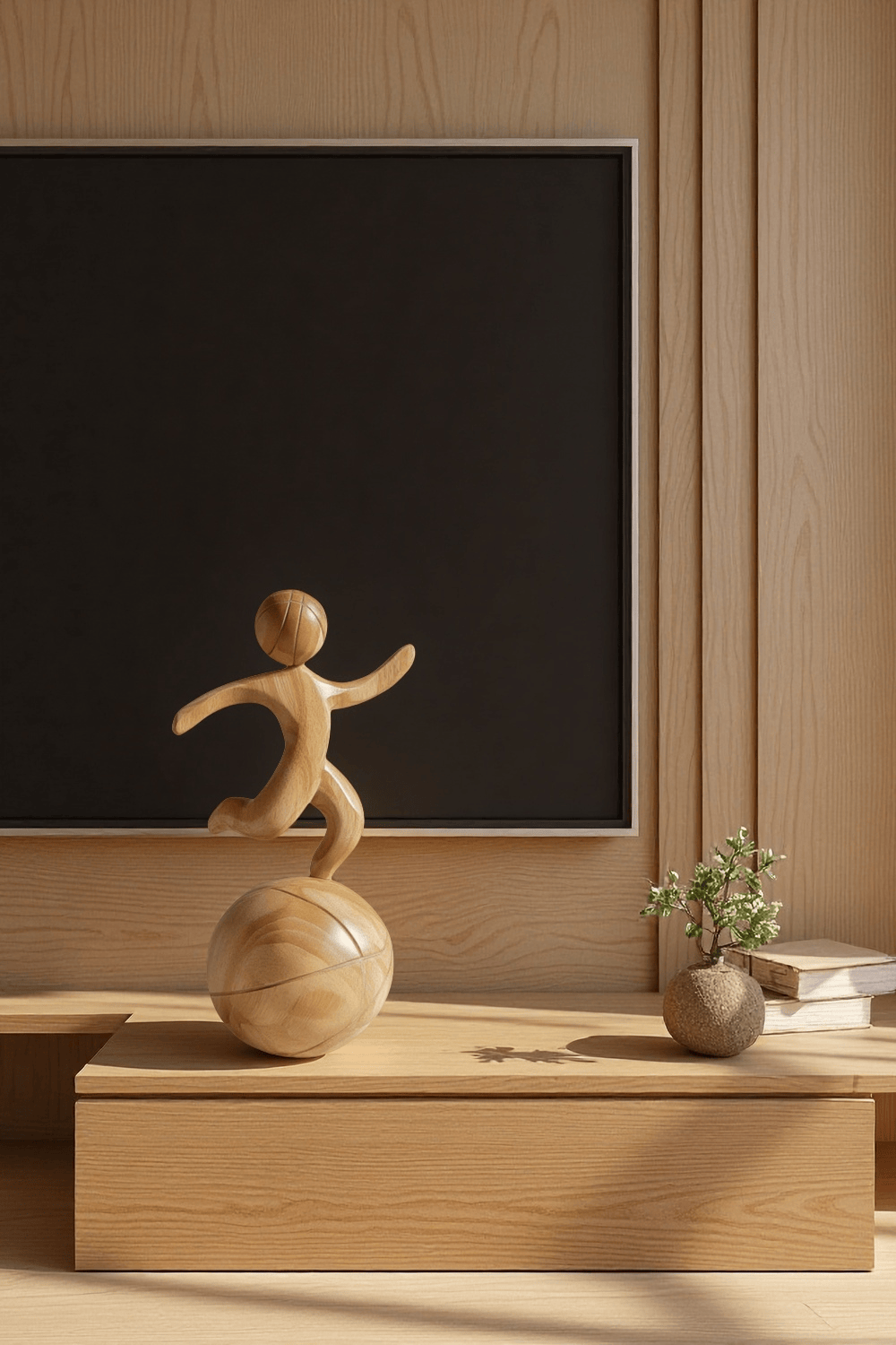 Wooden Basketball Sculpture Handmade Sports Figurine Home Office Decor