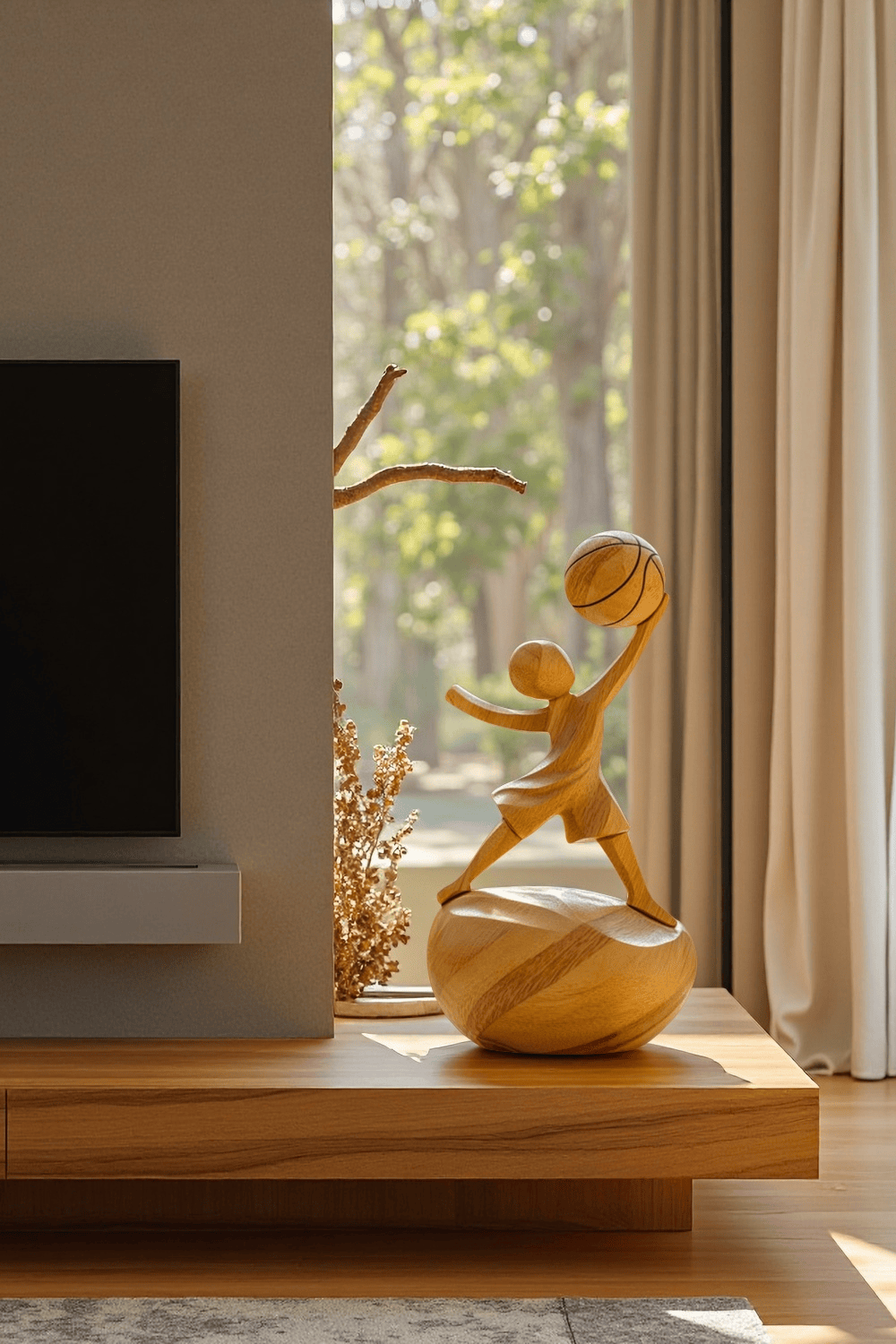 Wooden Basketball Sculpture Handmade Sports Figurine Home Office Decor
