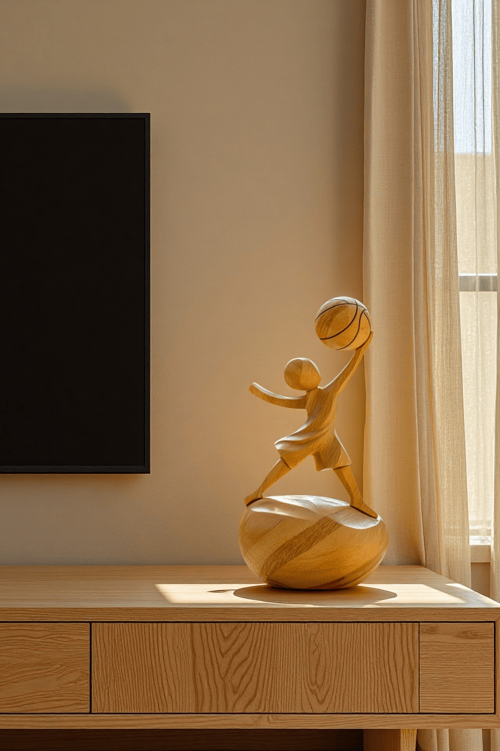 Wooden Basketball Sculpture Handmade Sports Figurine Home Office Decor