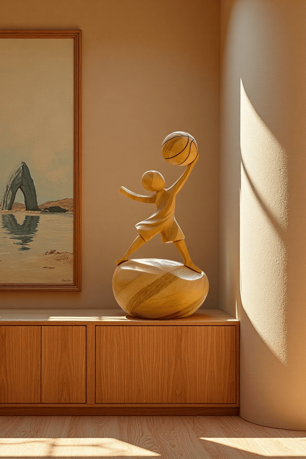 Wooden Basketball Sculpture Handmade Sports Figurine Home Office Decor