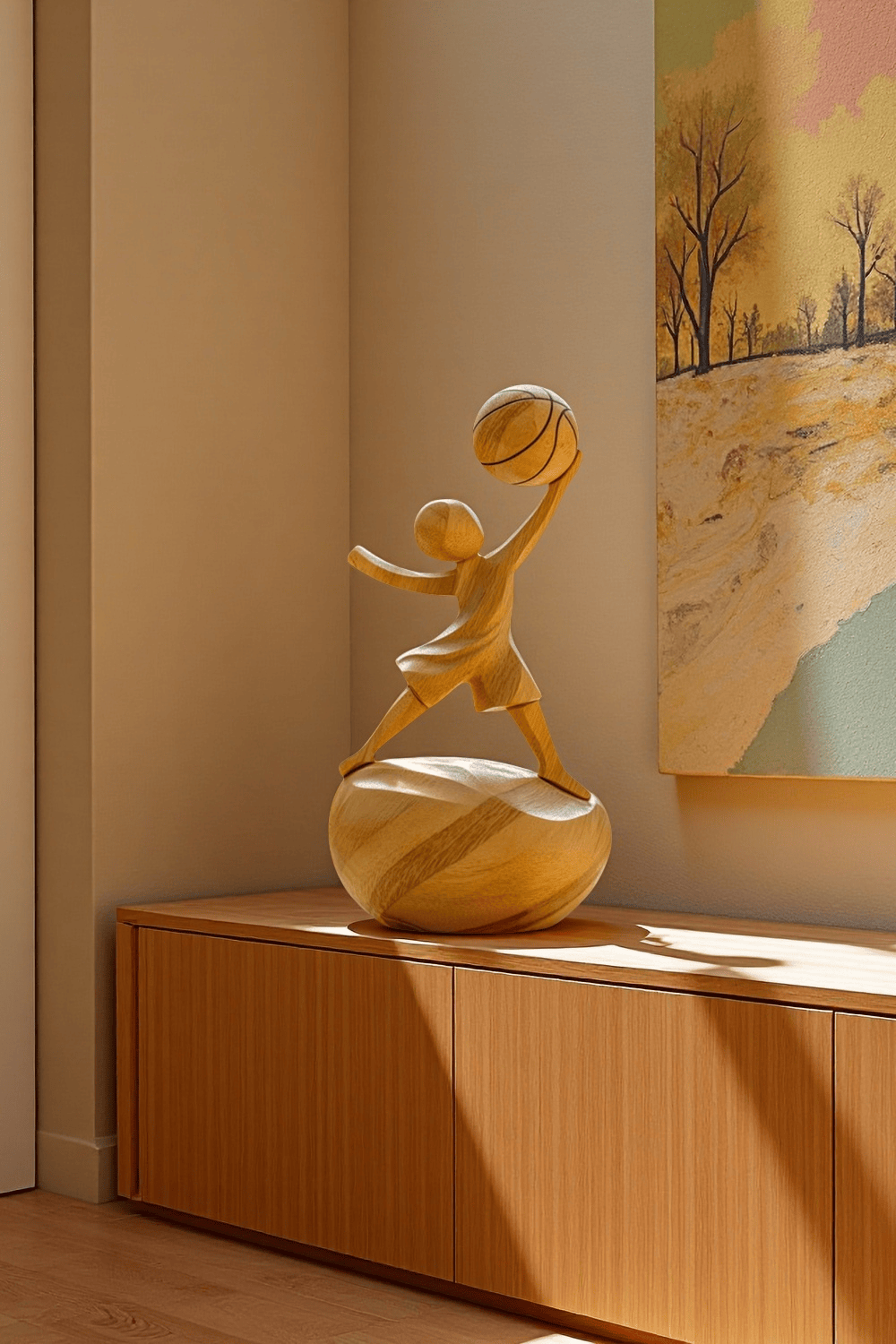 Wooden Basketball Sculpture Handmade Sports Figurine Home Office Decor