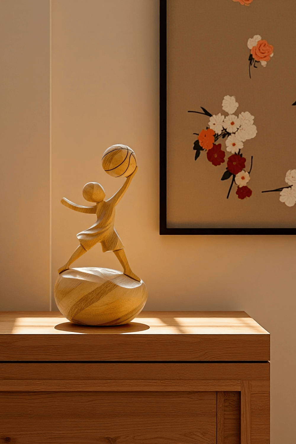 Wooden Basketball Sculpture Handmade Sports Figurine Home Office Decor