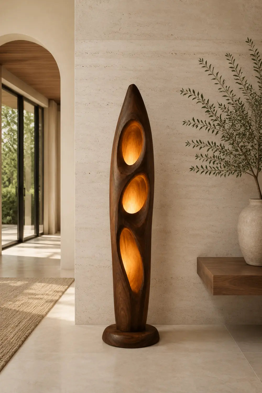 Sculptural Wood Floor Lamp With Organic Hollows And Warm Ambient Light