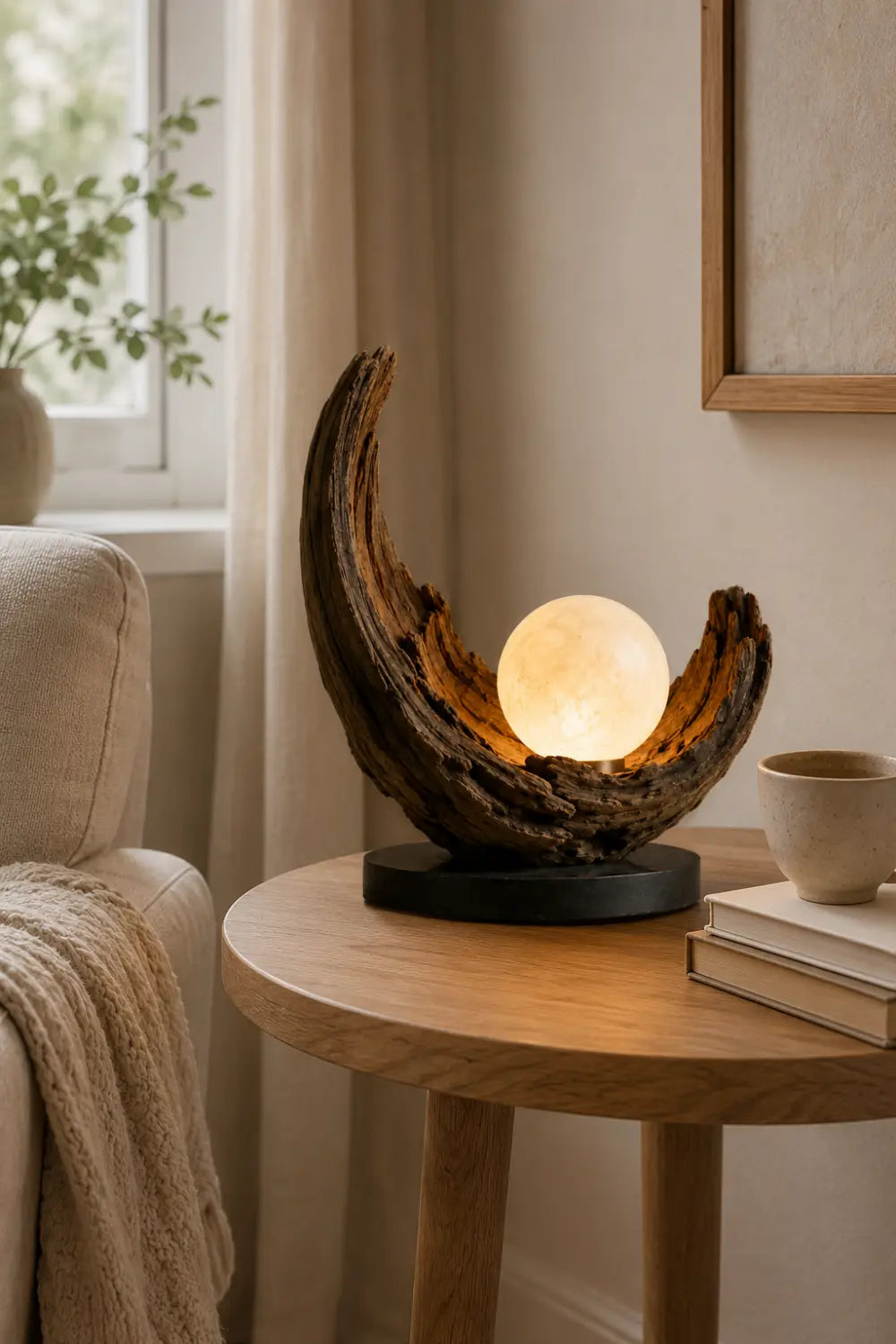 Abstract Wooden Sculpture Lamp Crescent Shape With Warm Light For Living Room