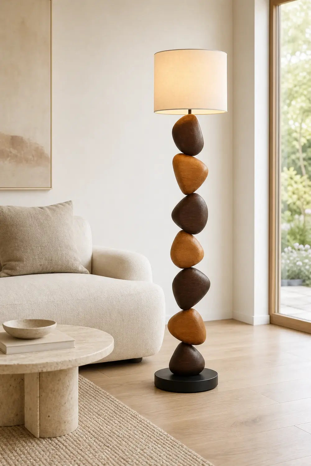 Modern Abstract Wood Floor Lamp With Stacked Pebble Design For Living Room Decor