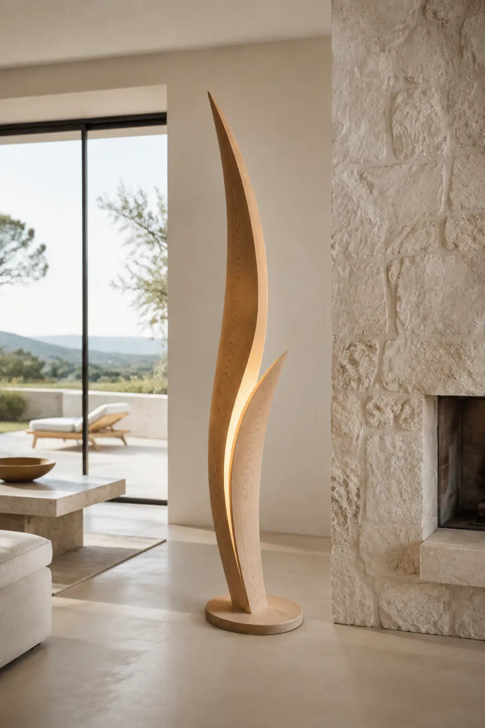 Modern Wooden Floor Lamp With Sculptural Curves And Warm Ambient Glow For Contemporary Living Rooms