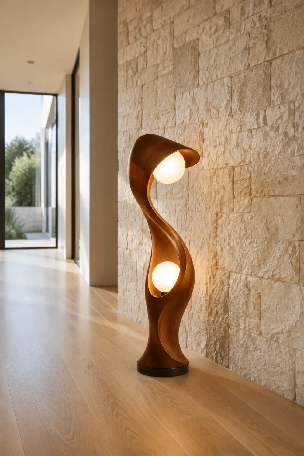 Modern Abstract Wood Floor Lamp With Dual Warm Light Spheres For Contemporary Living Rooms