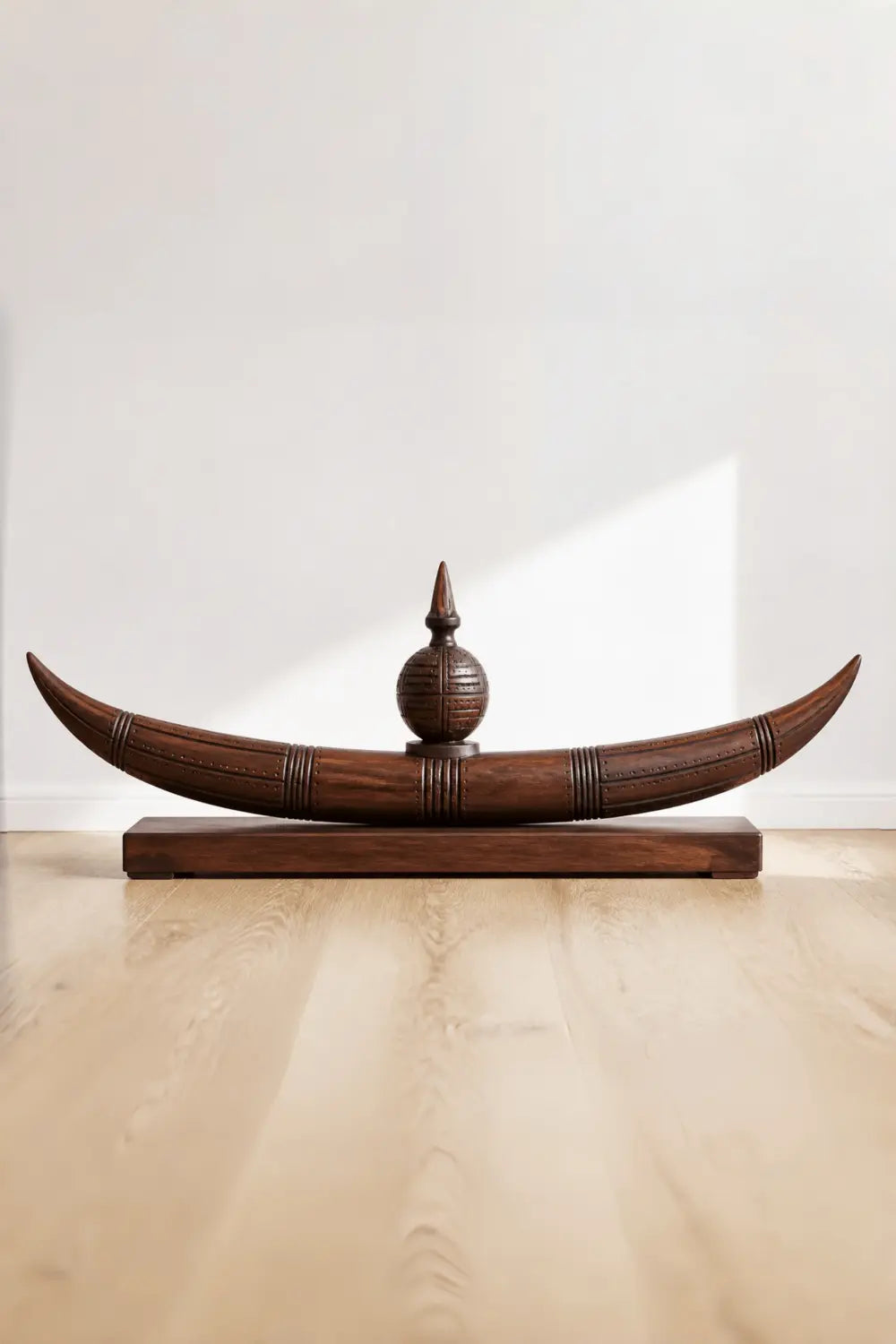 Abstract Tribal Moon Sculpture Wooden Artwork With Central Sphere For Contemporary Interiors