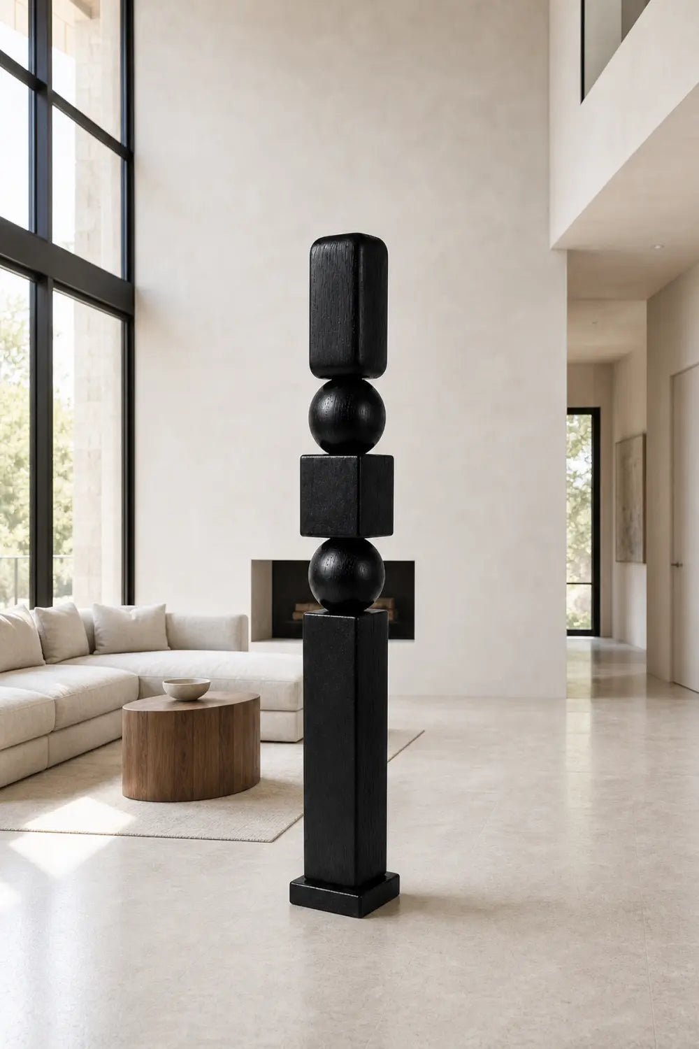 Large Abstract Black Wood Floor Sculpture Modern Minimalist Home Decor Art