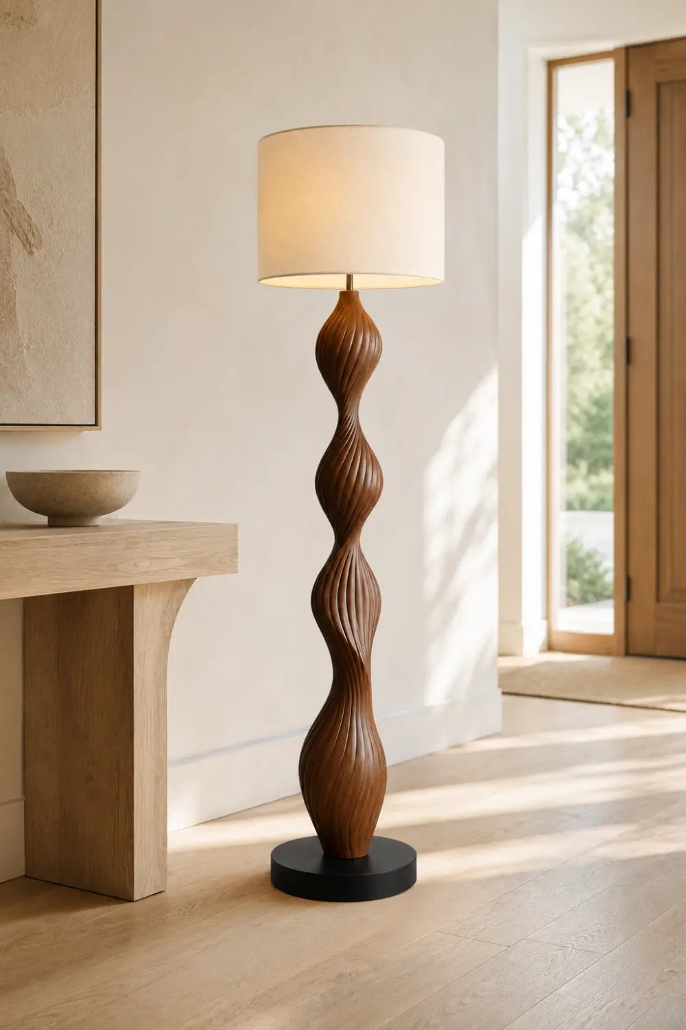 Modern Spiral Wood Floor Lamp With Warm Linen Shade For Contemporary Living Rooms