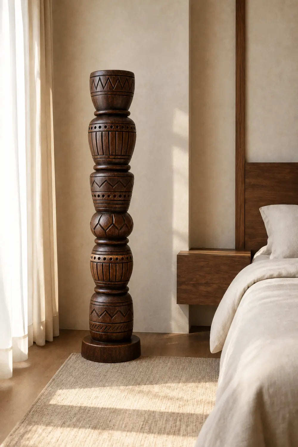 Stacked Geometric Wood Floor Sculpture | Tall Pillar Decor For Living Space