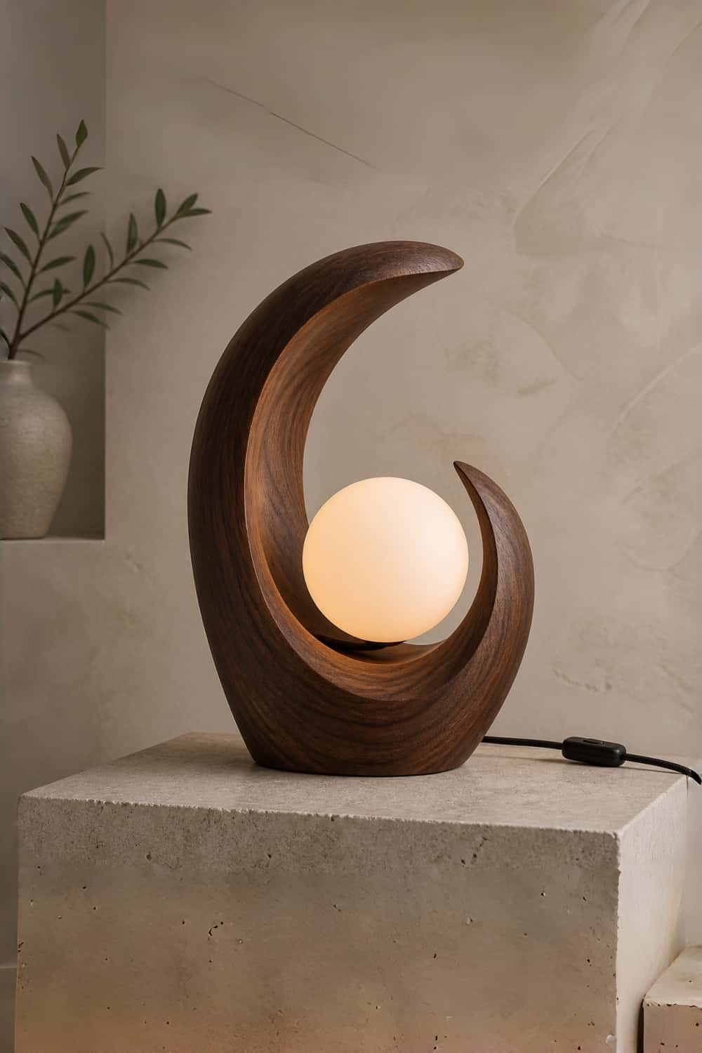 Modern Crescent Wood Table Lamp | Abstract Curved Wave Desk Light For Space Decor