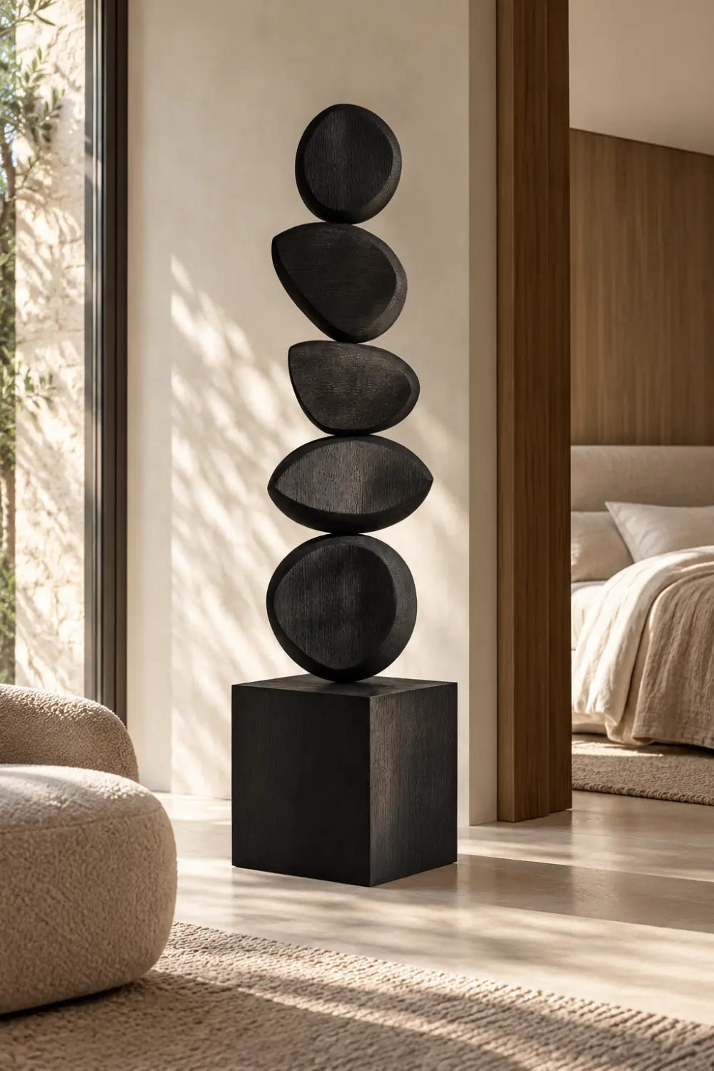 Large Black Abstract Wood Sculpture For Modern Home Decor