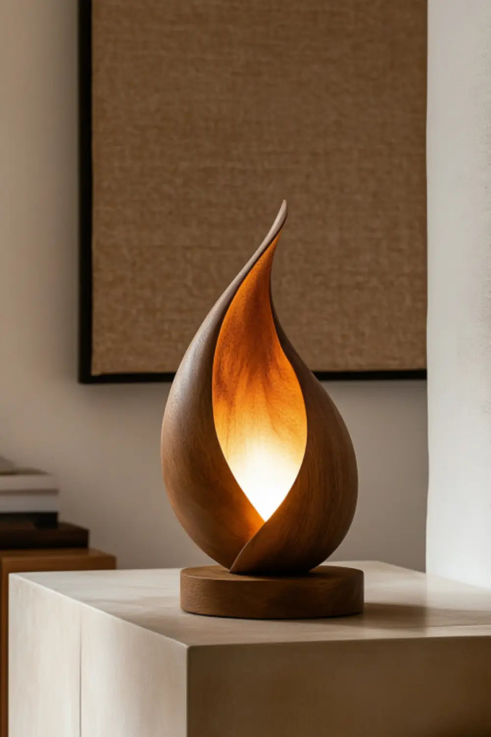 Sculptural Flame Wood Table Lamp | Aesthetic Ambient Light For Living Space