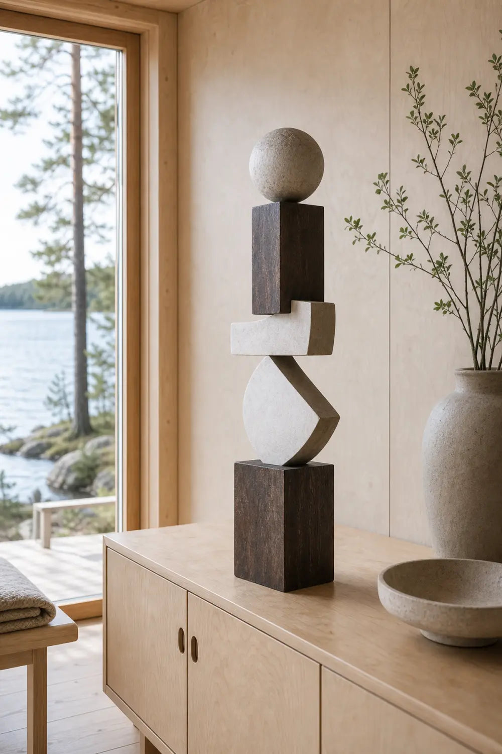 Large Abstract Wooden Sculpture For Modern Minimalist Home Decor And Gallery Display