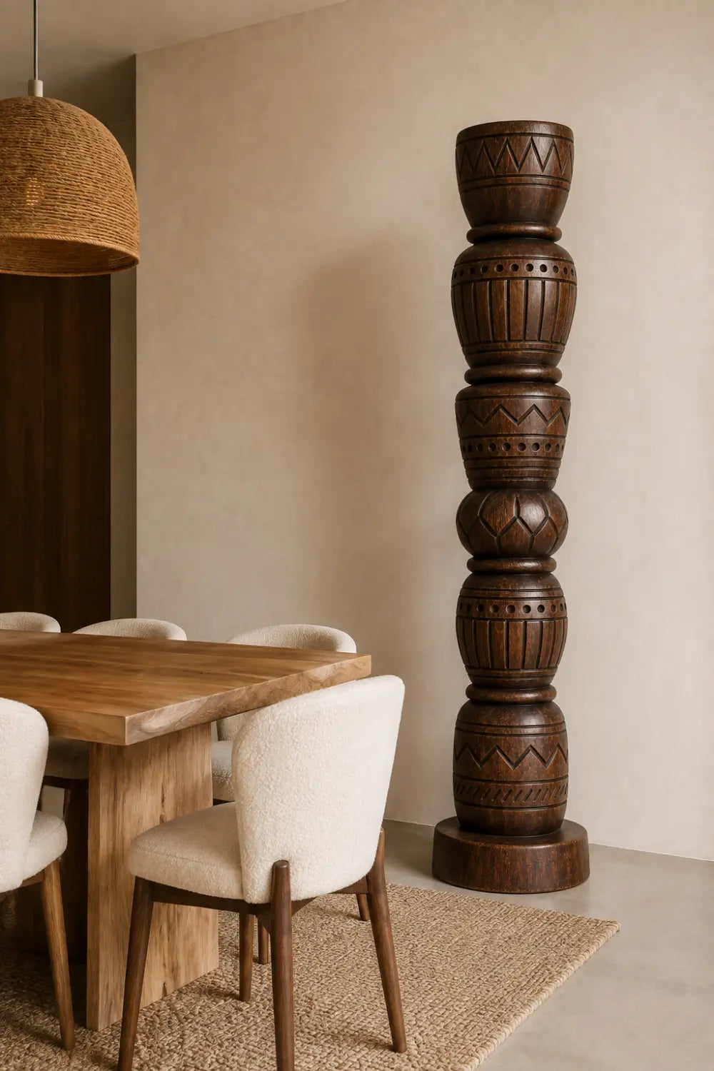 Stacked Geometric Wood Floor Sculpture | Tall Pillar Decor For Living Space