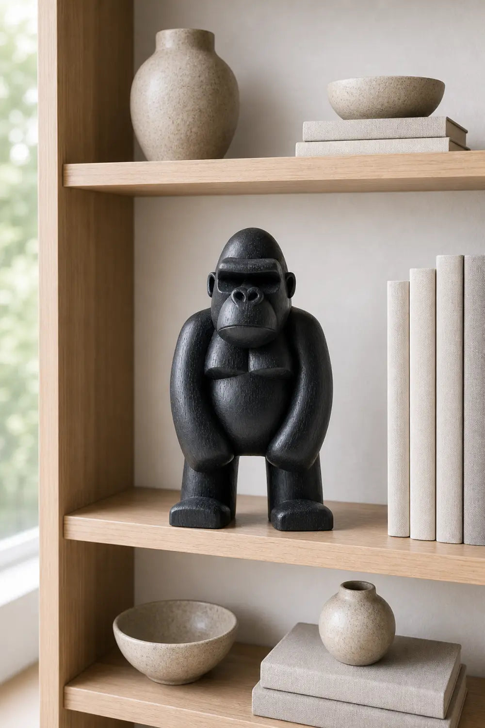 Hand-Carved Black Gorilla Wood Sculpture For Modern Home Decor Abstract Animal Art Piece