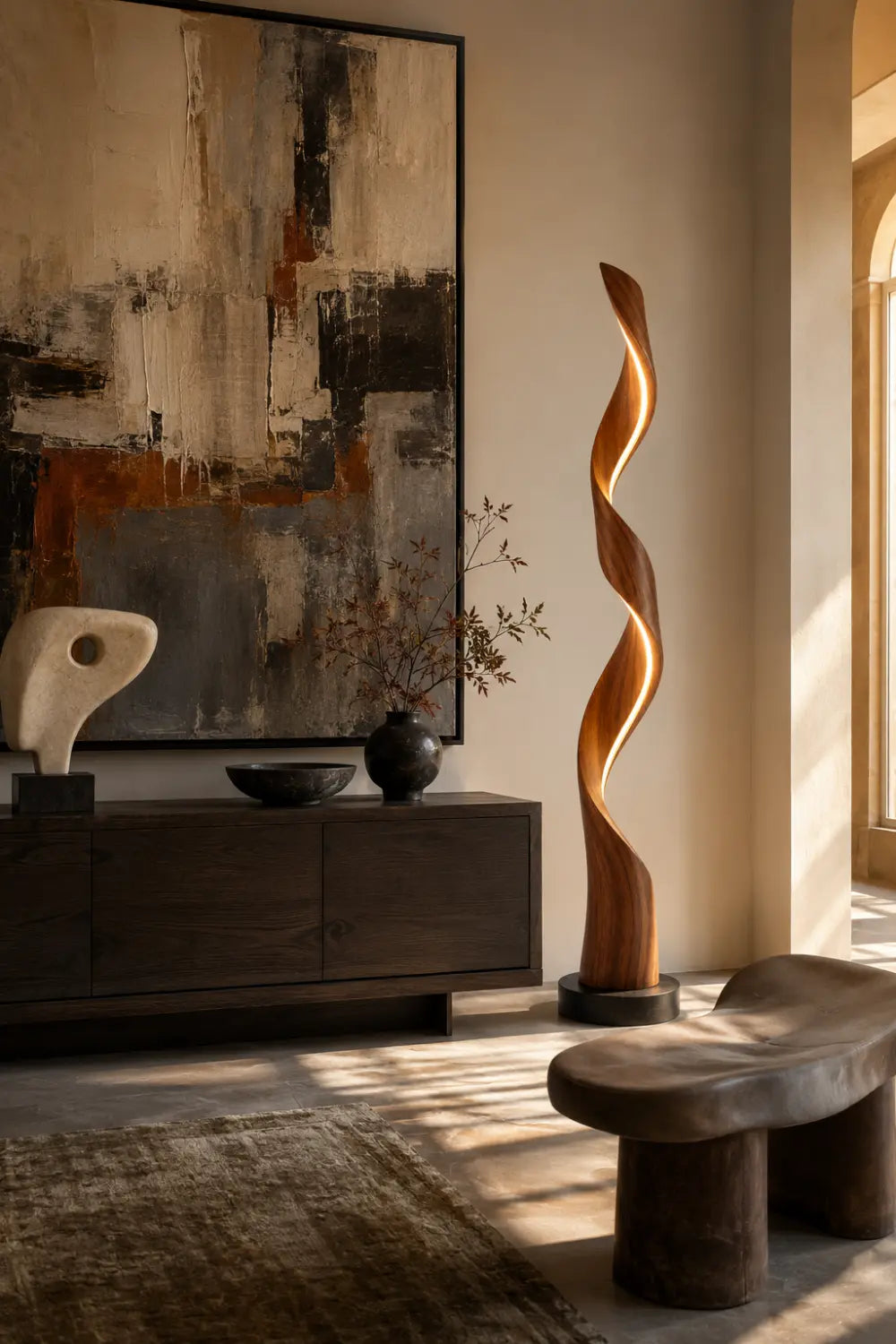 Handcrafted Spiral Wooden Floor Lamp With Warm LED Light For Modern Living Rooms And Luxury Interiors