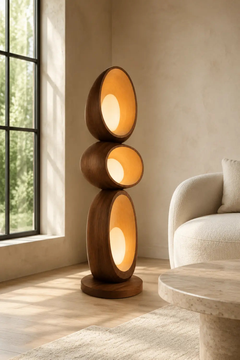 Modern Walnut Floor Lamp With Abstract Stacked Wood Design For Living Room