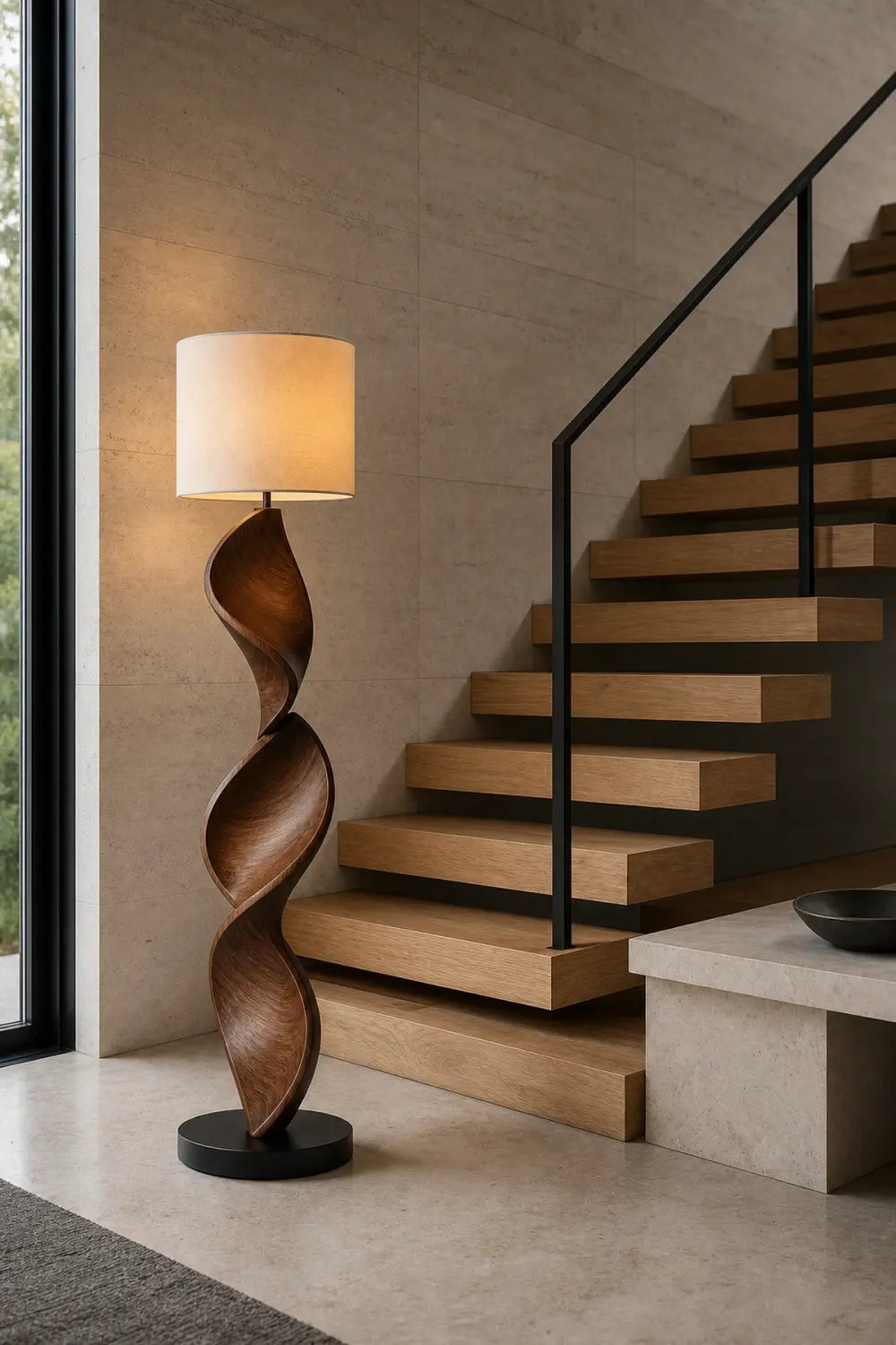 Sculptural Spiral Wood Lamp Handcarved From Premium Walnut For High End Interior Decor