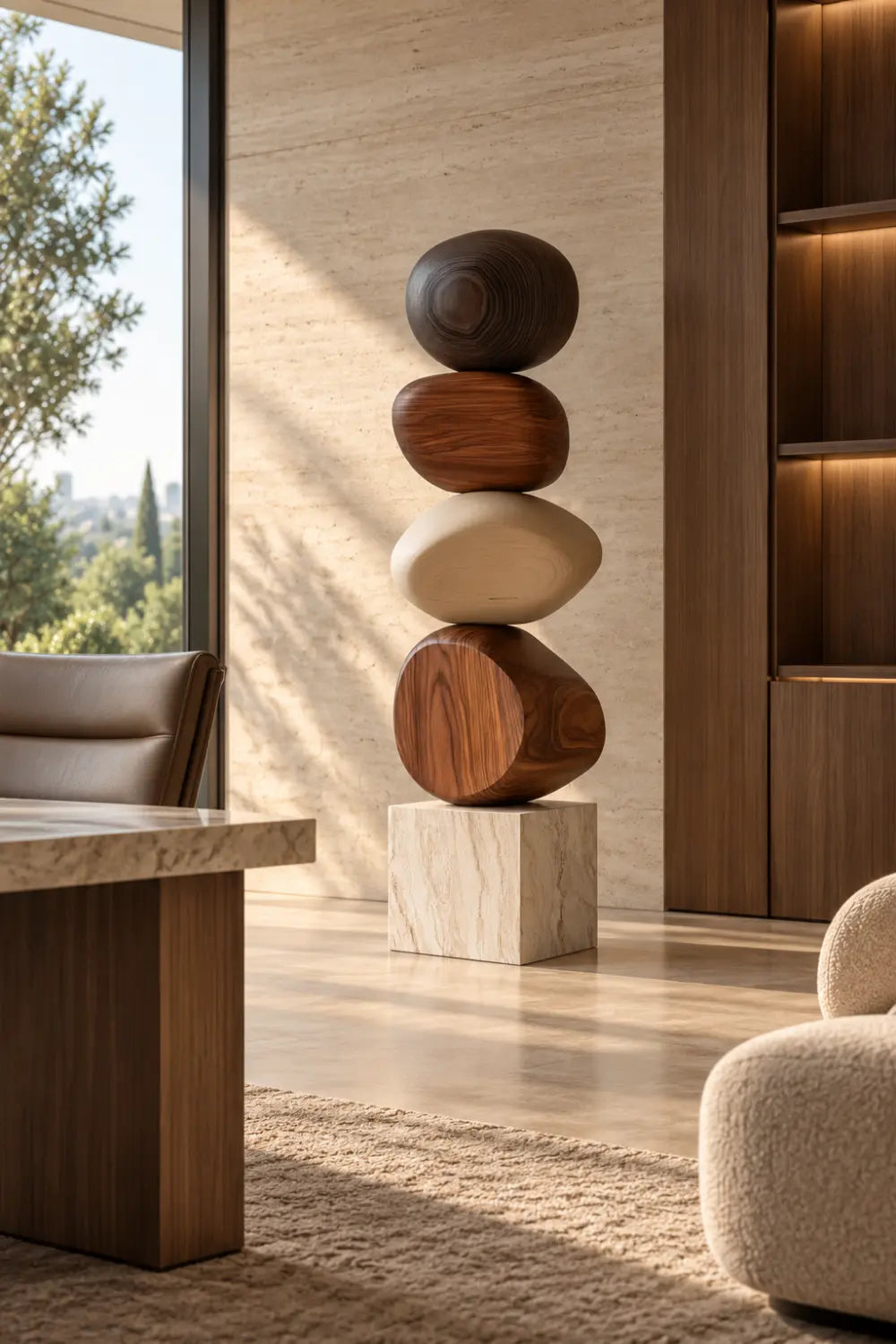 Large Abstract Wood Sculpture For Modern Minimalist Living Room Decor