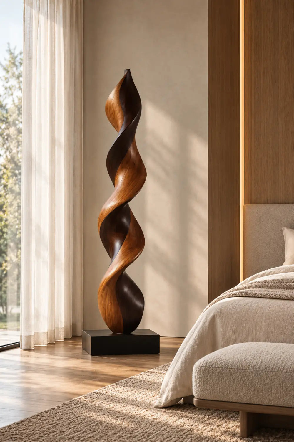 Large Abstract Walnut Wood Floor Sculpture For Modern Home Decor