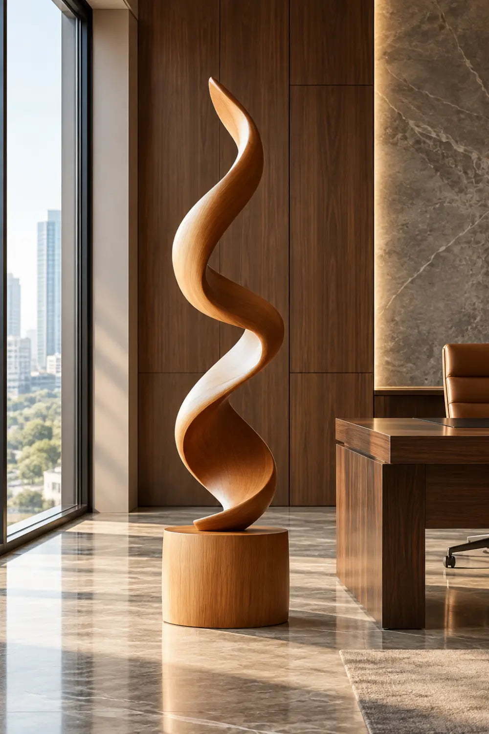 Large Spiral Oak Wood Sculpture Modern Abstract Floor Standing Statue For Home Decor