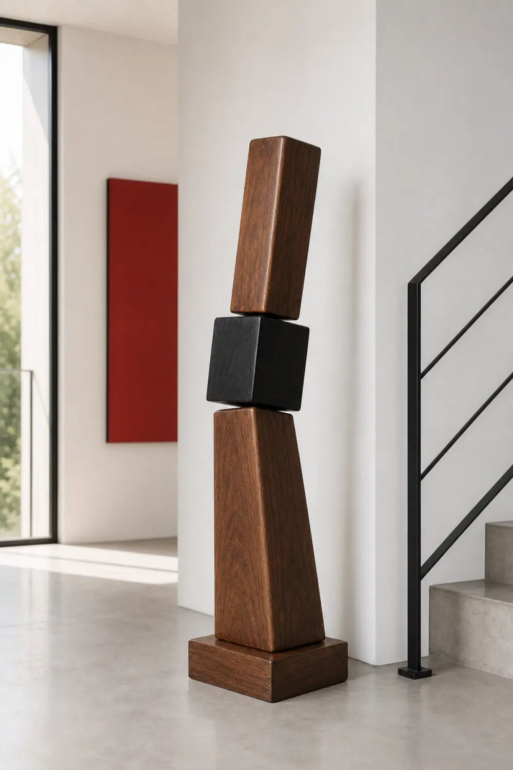 Large Hand-Carved Wooden Abstract Sculpture For Modern Home Decor - Geometric Walnut Art