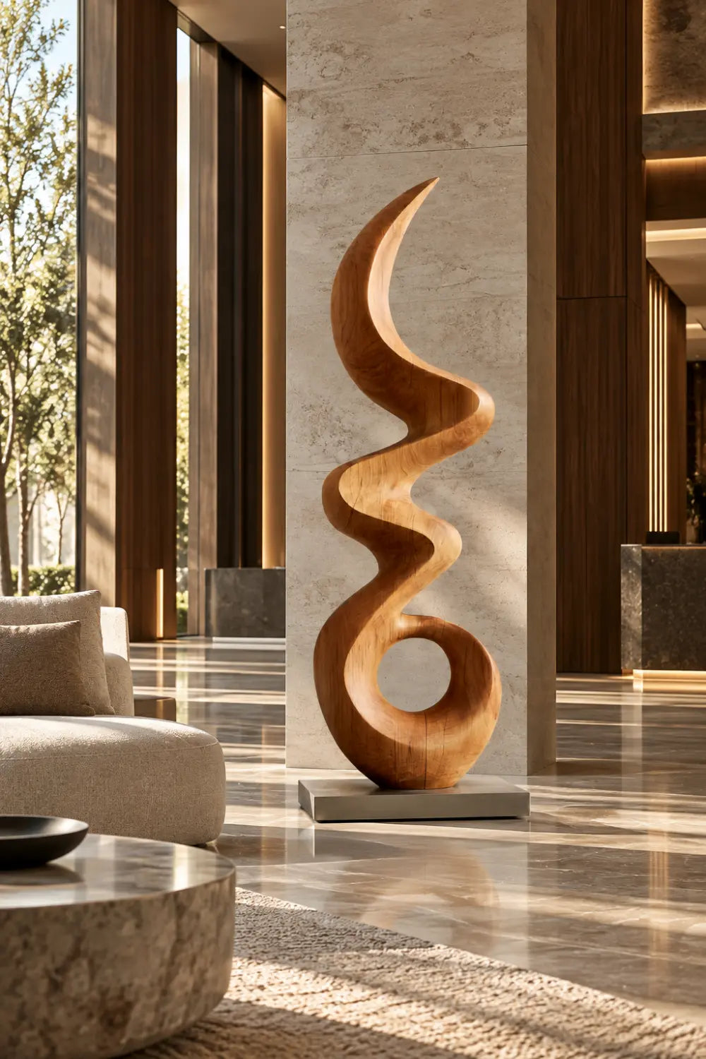Large Abstract Oak Wood Sculpture For Modern Home Decor