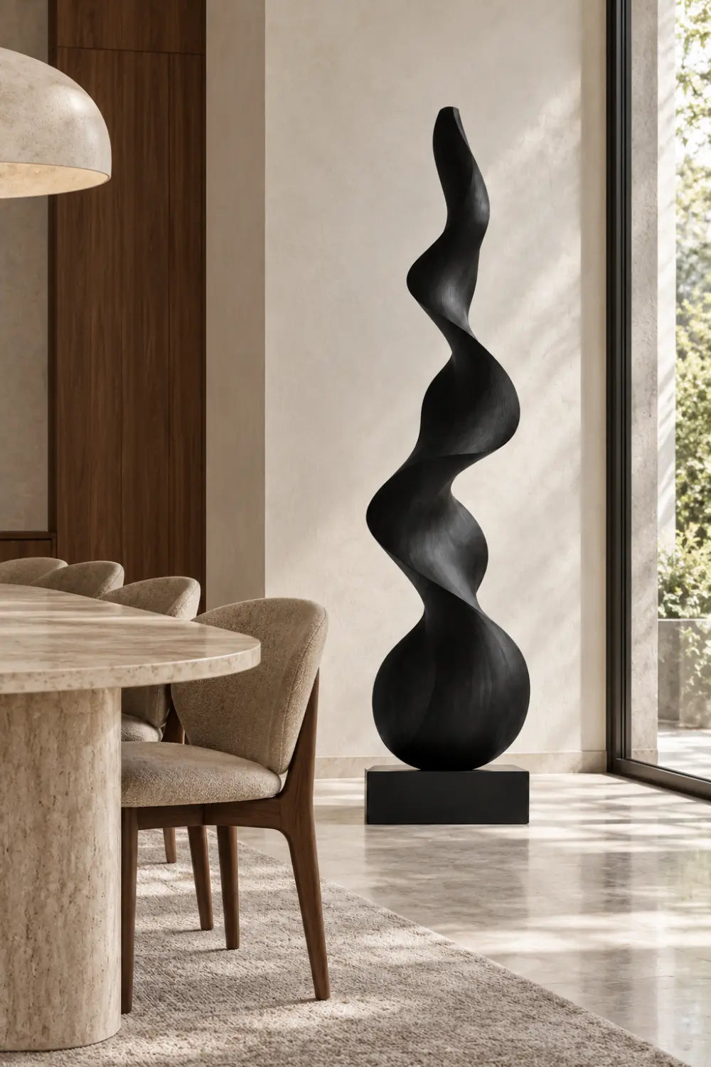 Large Black Spiral Wood Floor Sculpture | Modern Standing Statue For Living Space