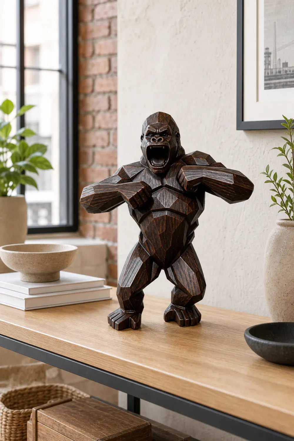 Hand Carved Walnut Gorilla Sculpture Modern Abstract Animal Statue For Home Decor