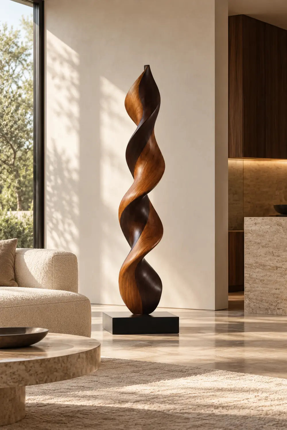 Large Abstract Walnut Wood Floor Sculpture For Modern Home Decor