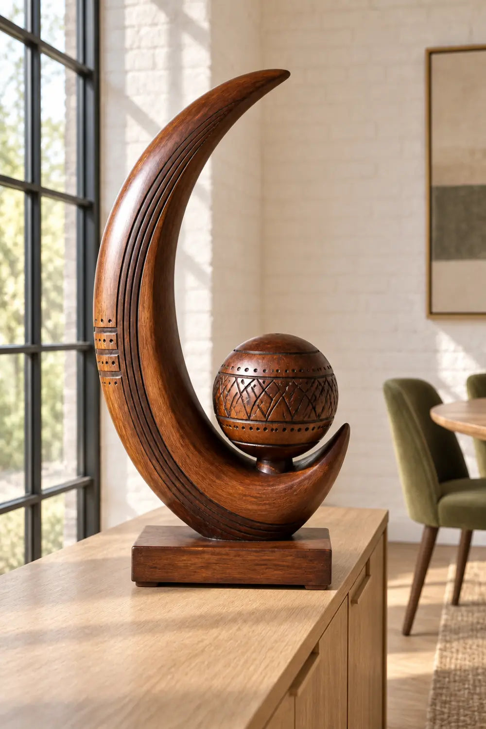 Artisan Carved Wooden Sculpture Abstract Sphere And Crescent Tabletop Art