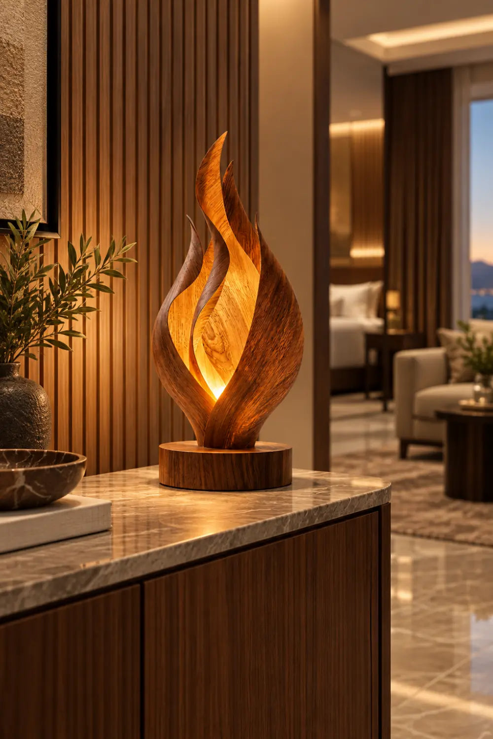 Abstract Wooden Flame Table Lamp Hand Carved Walnut Desk Light For Modern Home Decor