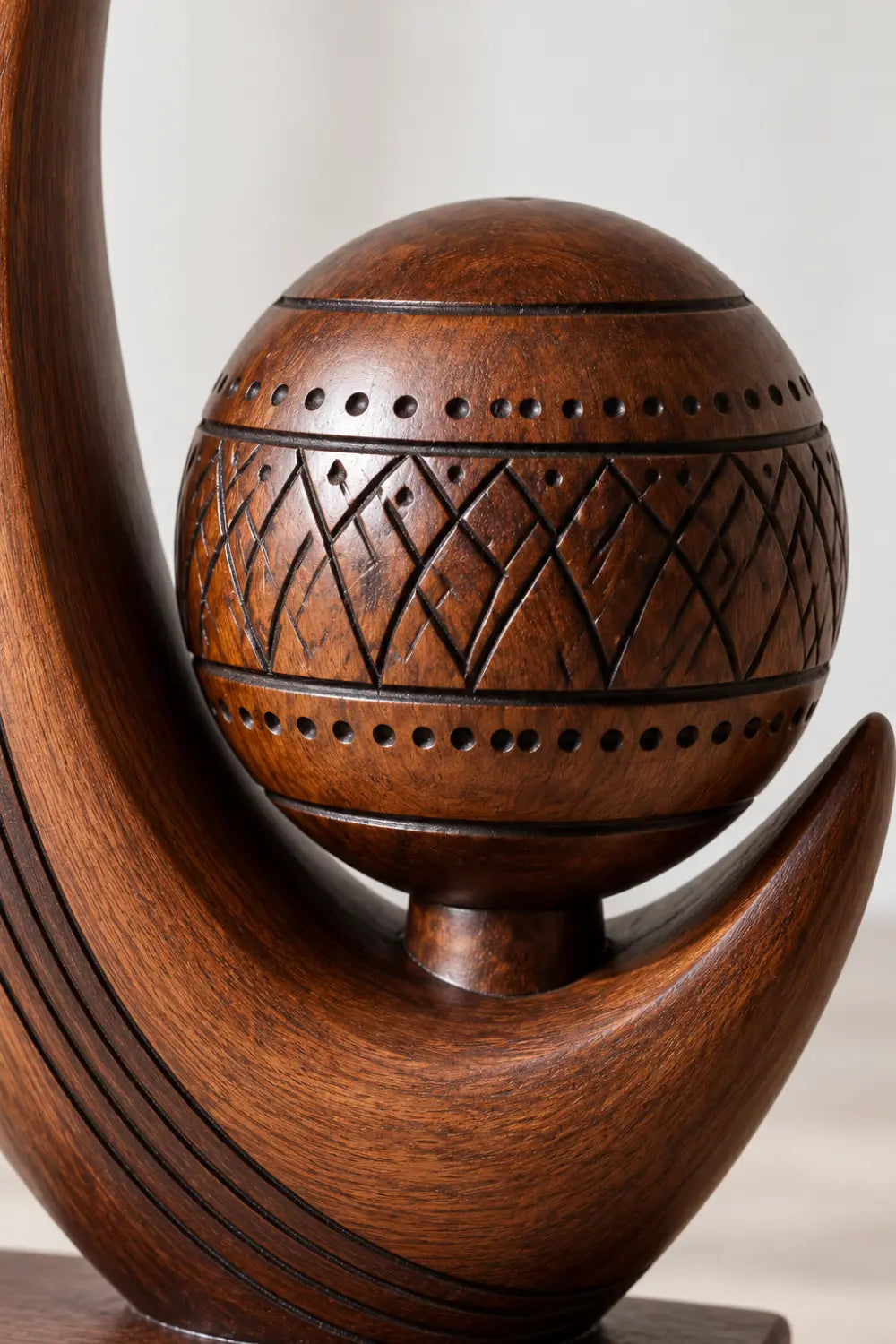 Artisan Carved Wooden Sculpture Abstract Sphere And Crescent Tabletop Art