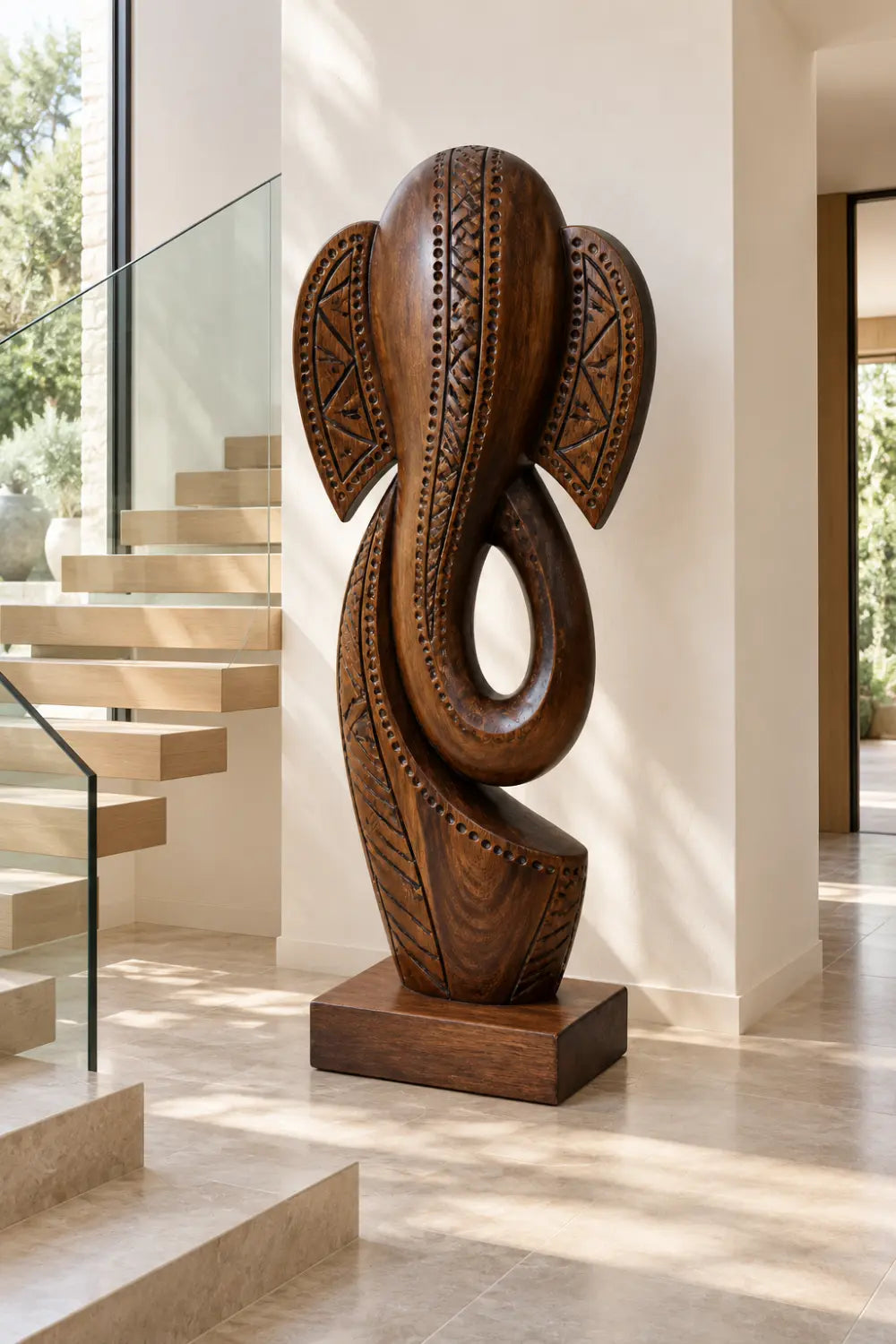 Carved Wooden Elephant Floor Sculpture | Large Standing Statue For Living Space