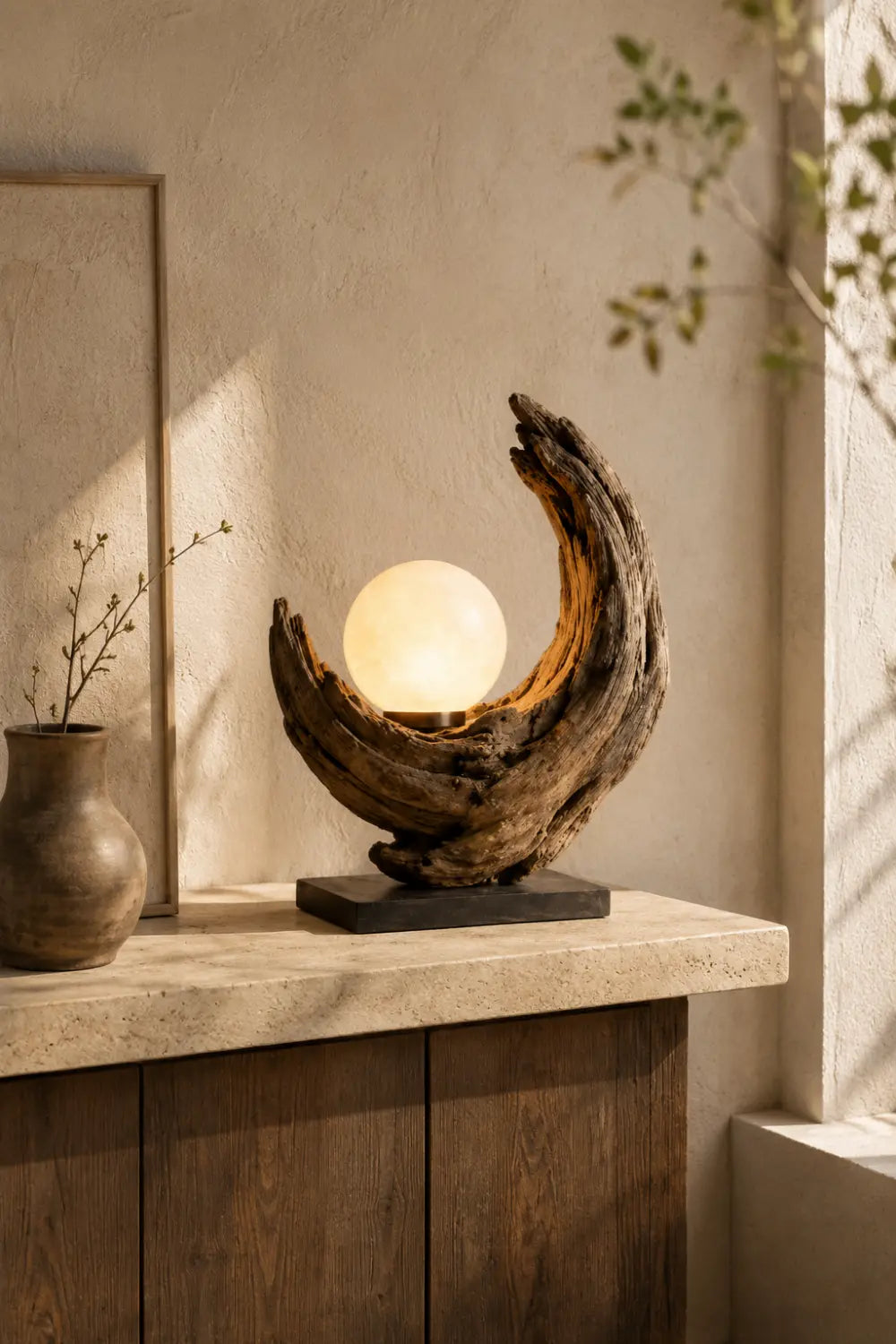 Handcrafted Wooden Sculpture Lamp Abstract Design For Living Room And Bedroom