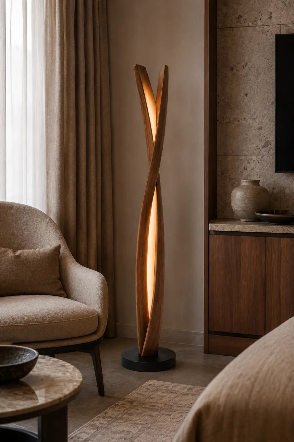 Handcrafted Wooden Sculpture Lamp Abstract Twist Design Ambient Lighting For Luxury Interiors