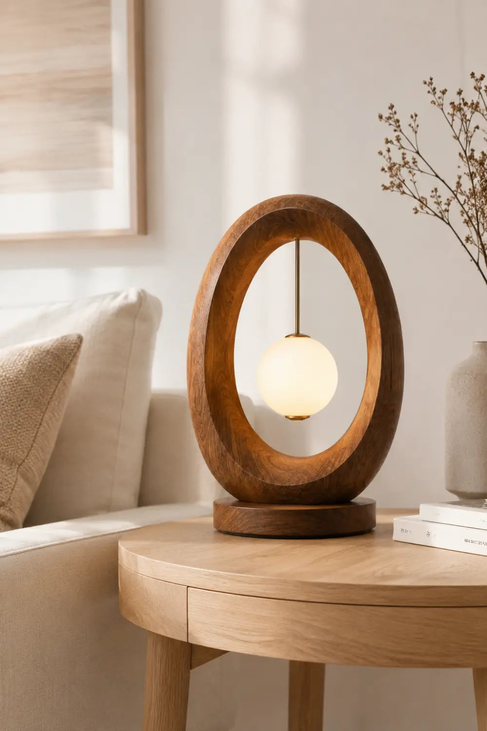 Minimalist Oval Wood Table Lamp | Elliptical Hanging Orb Desk Light For Space Decor