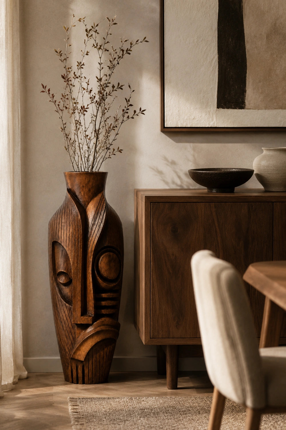 Hand-Carved African Tribal Wooden Vase Abstract Large Floor Decor