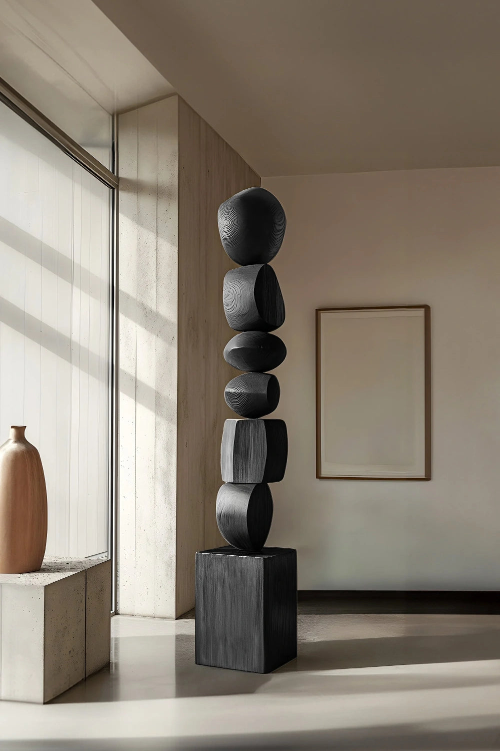 Black Abstract Large Wooden Sculpture Geometric Wood Sculpture Art Decor