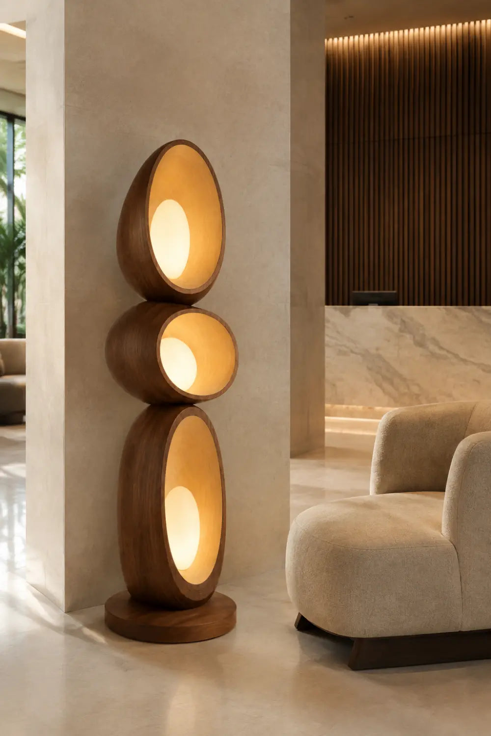Modern Walnut Floor Lamp With Abstract Stacked Wood Design For Living Room