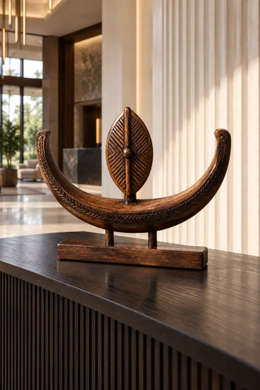 Abstract Wooden Desktop Sculpture Minimalist Tribal Art For Office Or Living Room Display