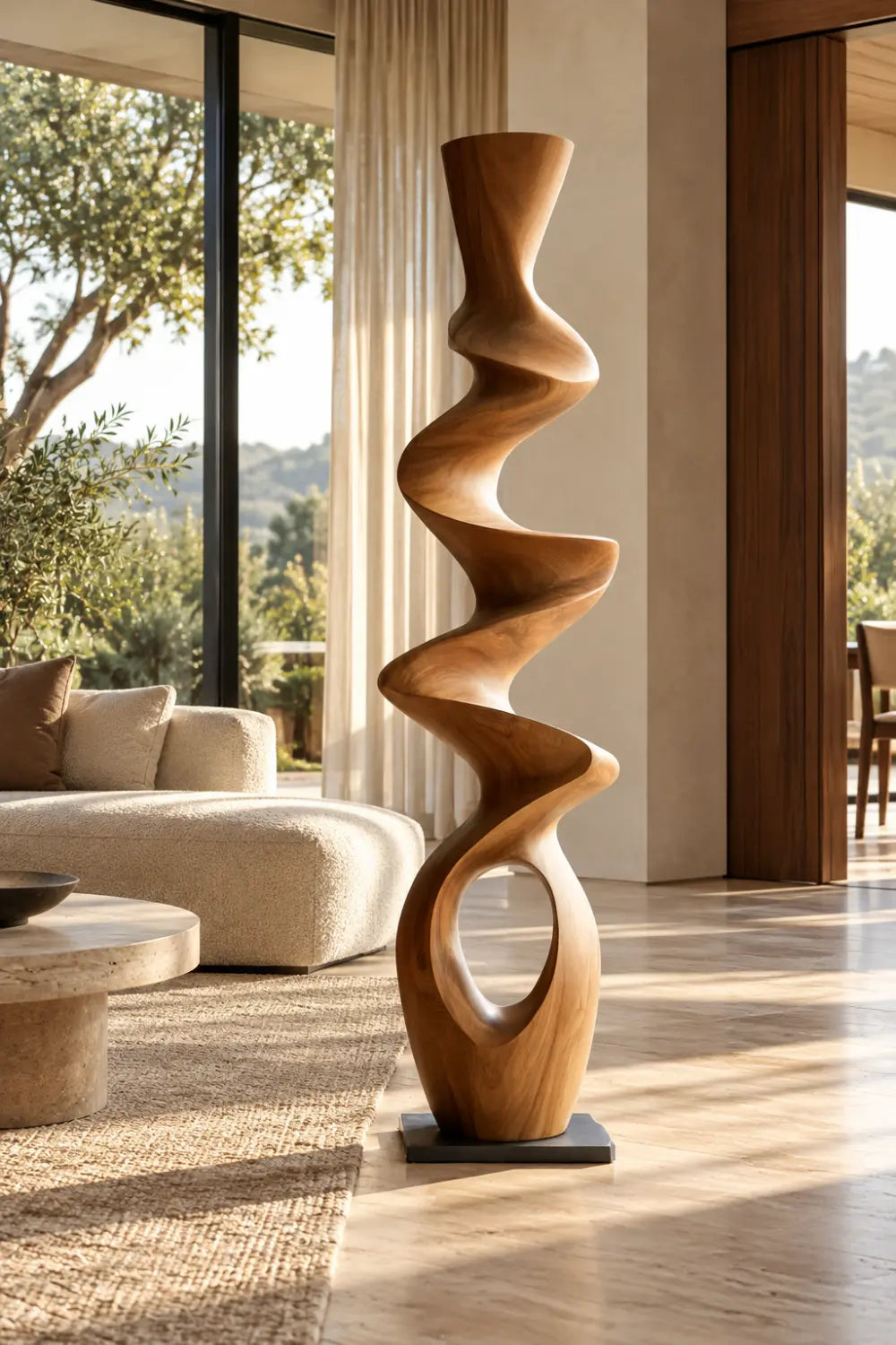 Swirling Wood Floor Sculpture | Tall Helical Statue For Living Space Decor