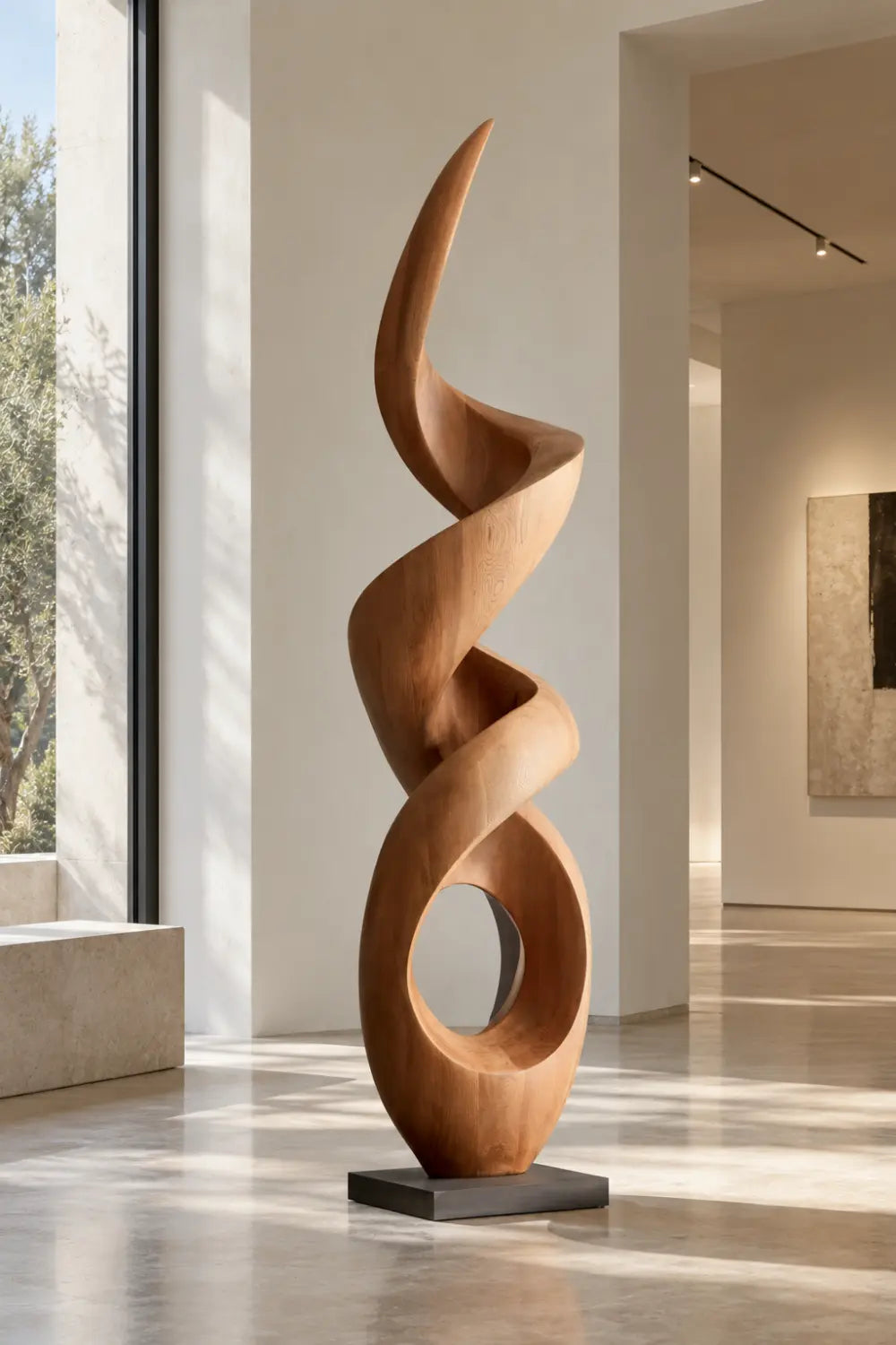 Large Walnut Wood Spiral Abstract Sculpture For Modern Home Decor And Gallery Display