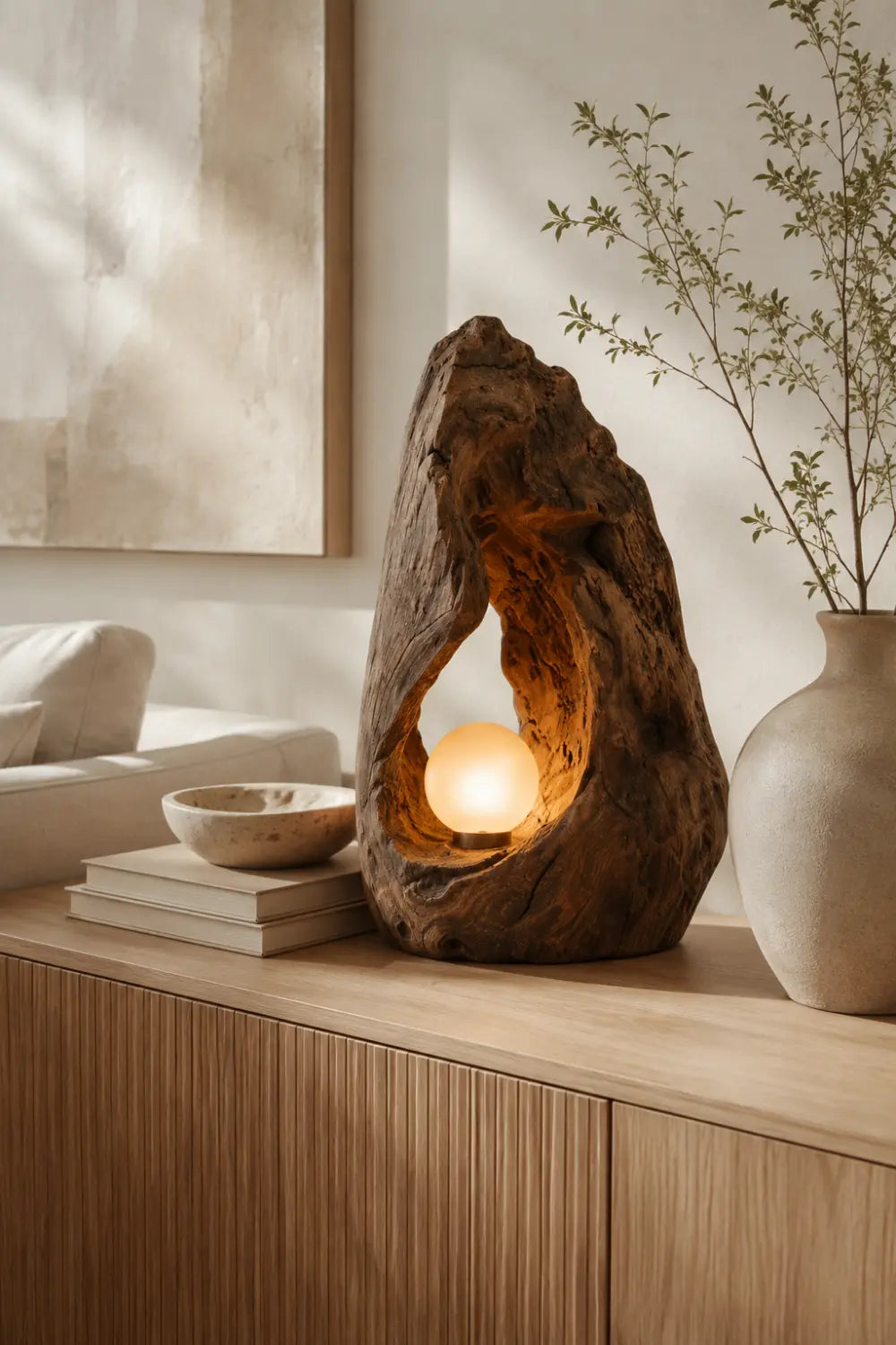 Hand Carved Organic Wood Table Lamp With Warm Glow For Modern Living Rooms